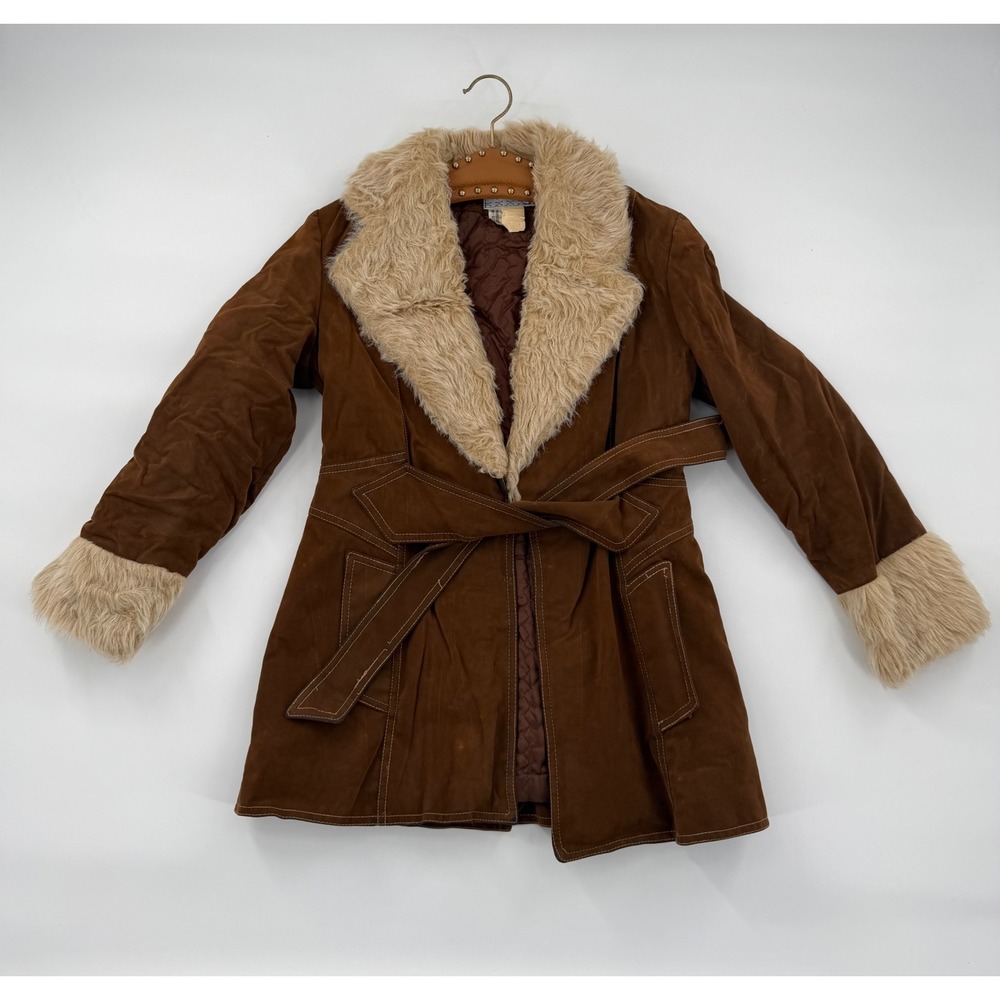 Vintage Jilli of California Brown Suede Leather Faux Fur Trim Wrap Coat Size 5